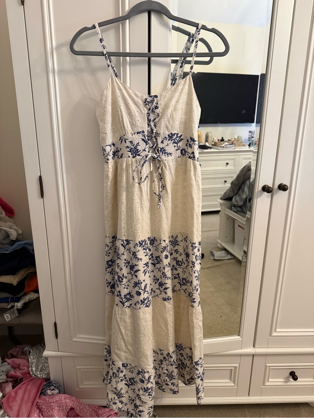 Blue Floral Tie-Front Cream Maxi Dress